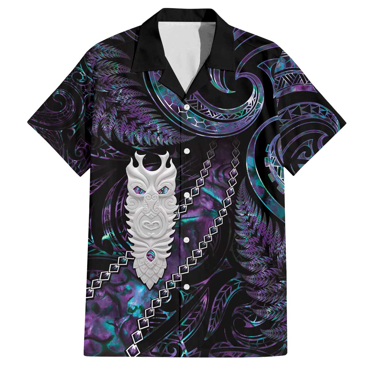 New Zealand Aotearoa Family Matching Off Shoulder Short Dress and Hawaiian Shirt Maori Tane Te Waiora Paua Shell Glitter Purple LT05 Dad's Shirt - Short Sleeve Purple - Polynesian Pride