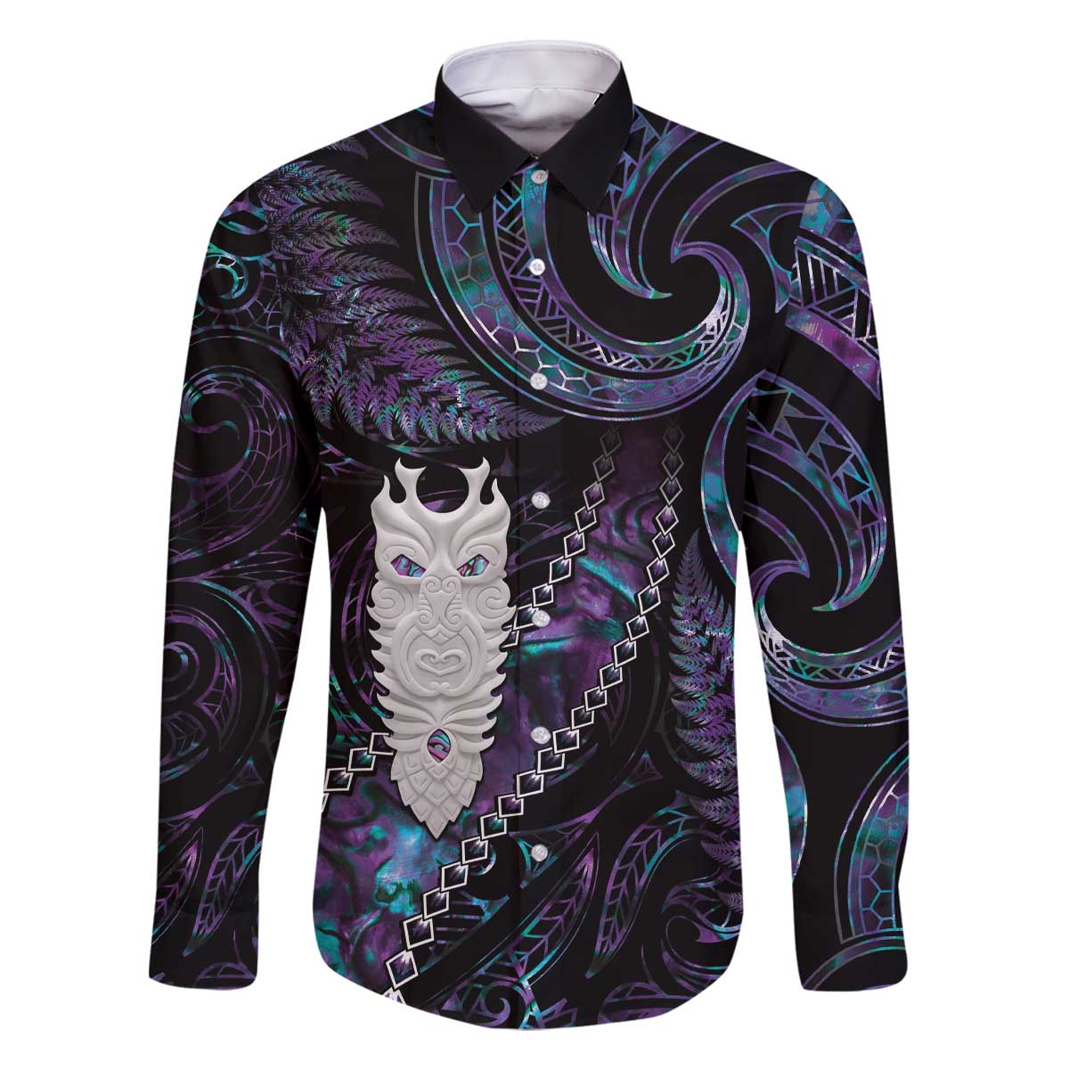 New Zealand Aotearoa Family Matching Off Shoulder Short Dress and Hawaiian Shirt Maori Tane Te Waiora Paua Shell Glitter Purple LT05 Dad's Shirt - Long Sleeve Purple - Polynesian Pride