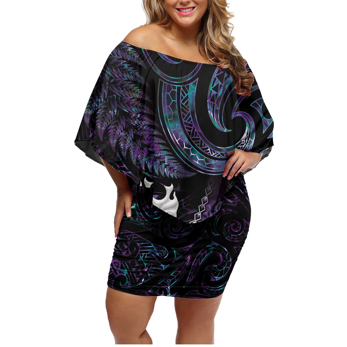 New Zealand Aotearoa Family Matching Off Shoulder Short Dress and Hawaiian Shirt Maori Tane Te Waiora Paua Shell Glitter Purple LT05 Mom's Dress Purple - Polynesian Pride