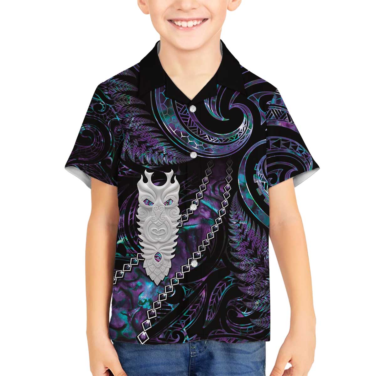 New Zealand Aotearoa Family Matching Off Shoulder Short Dress and Hawaiian Shirt Maori Tane Te Waiora Paua Shell Glitter Purple LT05 Son's Shirt Purple - Polynesian Pride