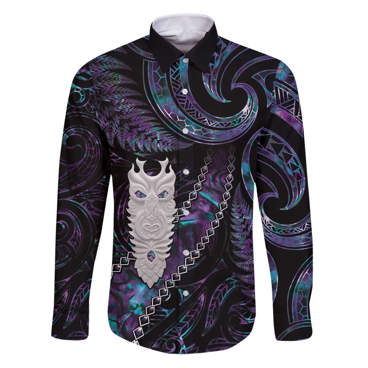 New Zealand Aotearoa Family Matching Puletasi and Hawaiian Shirt Maori Tane Te Waiora Paua Shell Glitter Purple LT05 Dad's Shirt - Long Sleeve Purple - Polynesian Pride