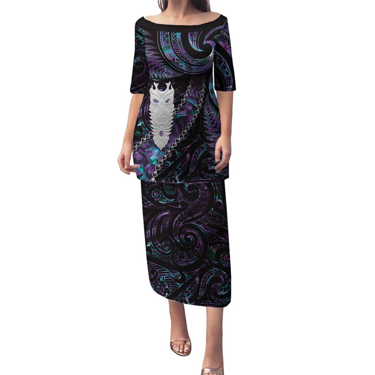New Zealand Aotearoa Family Matching Puletasi and Hawaiian Shirt Maori Tane Te Waiora Paua Shell Glitter Purple LT05 Mom's Dress Purple - Polynesian Pride