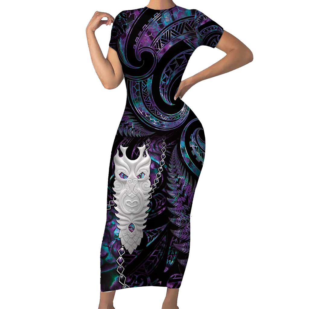 New Zealand Aotearoa Family Matching Short Sleeve Bodycon Dress and Hawaiian Shirt Maori Tane Te Waiora Paua Shell Glitter Purple LT05 Mom's Dress Purple - Polynesian Pride