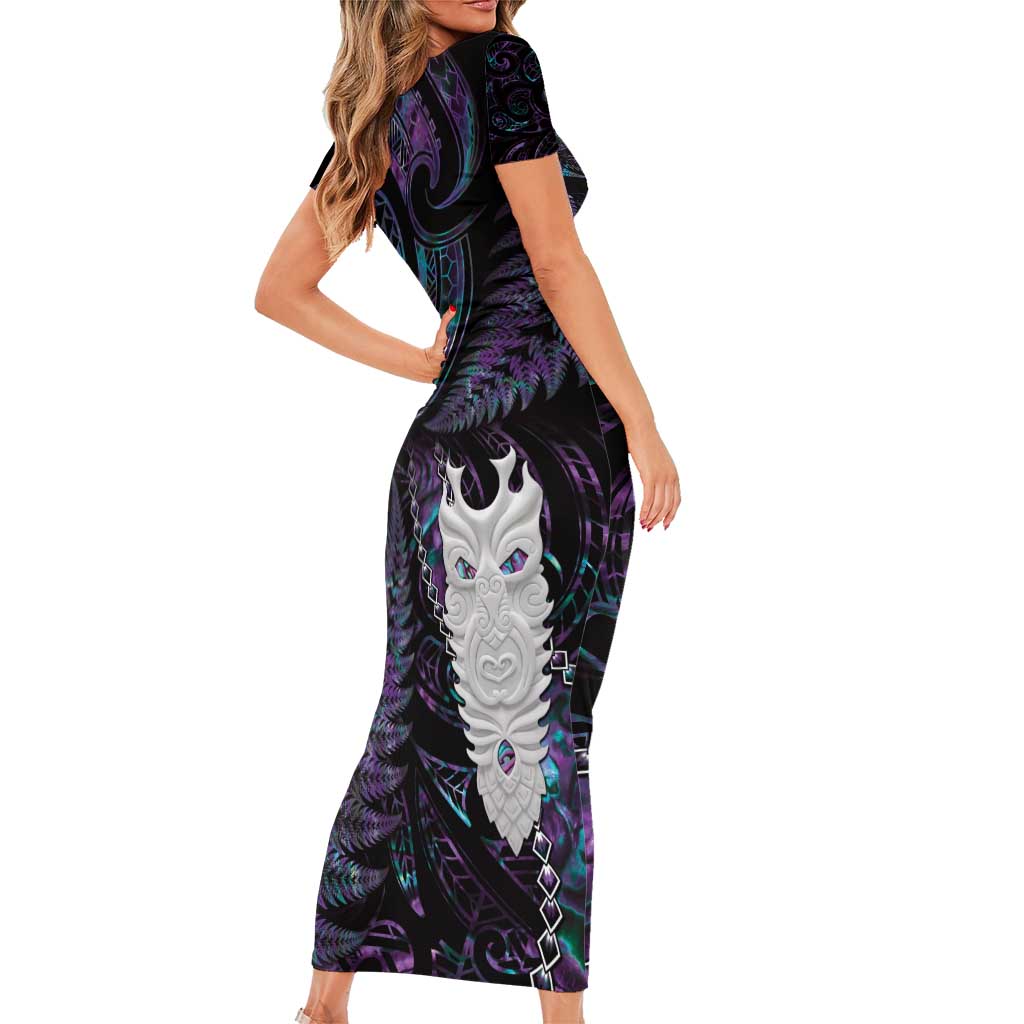 New Zealand Aotearoa Family Matching Short Sleeve Bodycon Dress and Hawaiian Shirt Maori Tane Te Waiora Paua Shell Glitter Purple LT05 - Polynesian Pride