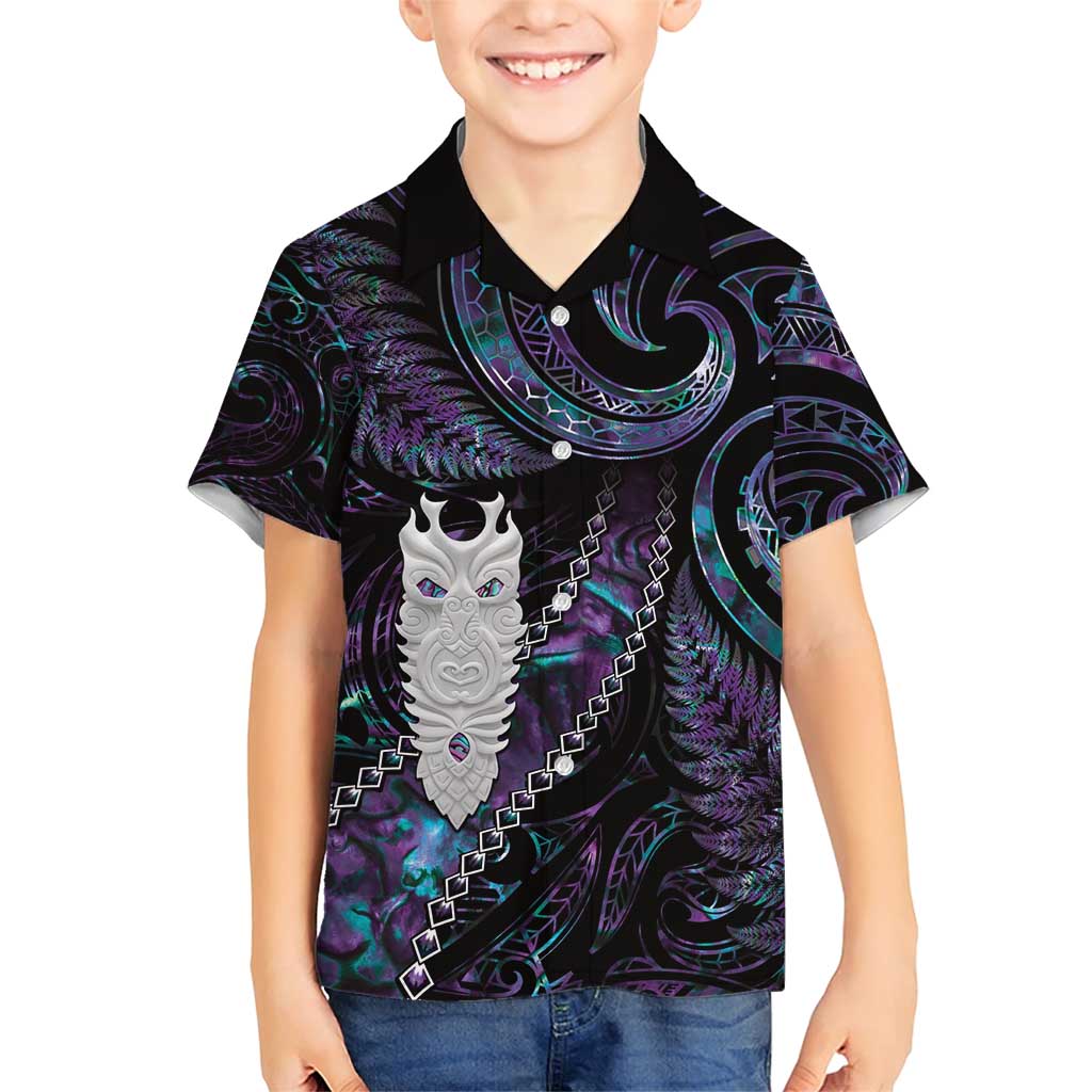 New Zealand Aotearoa Family Matching Short Sleeve Bodycon Dress and Hawaiian Shirt Maori Tane Te Waiora Paua Shell Glitter Purple LT05 Son's Shirt Purple - Polynesian Pride