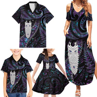 New Zealand Aotearoa Family Matching Summer Maxi Dress and Hawaiian Shirt Maori Tane Te Waiora Paua Shell Glitter Purple LT05 - Polynesian Pride