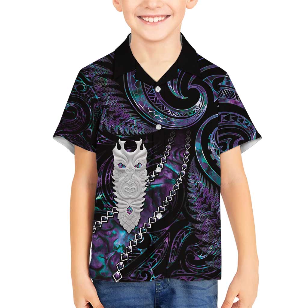 New Zealand Aotearoa Family Matching Summer Maxi Dress and Hawaiian Shirt Maori Tane Te Waiora Paua Shell Glitter Purple LT05 Son's Shirt Purple - Polynesian Pride