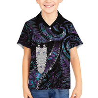New Zealand Aotearoa Family Matching Summer Maxi Dress and Hawaiian Shirt Maori Tane Te Waiora Paua Shell Glitter Purple LT05 Son's Shirt Purple - Polynesian Pride