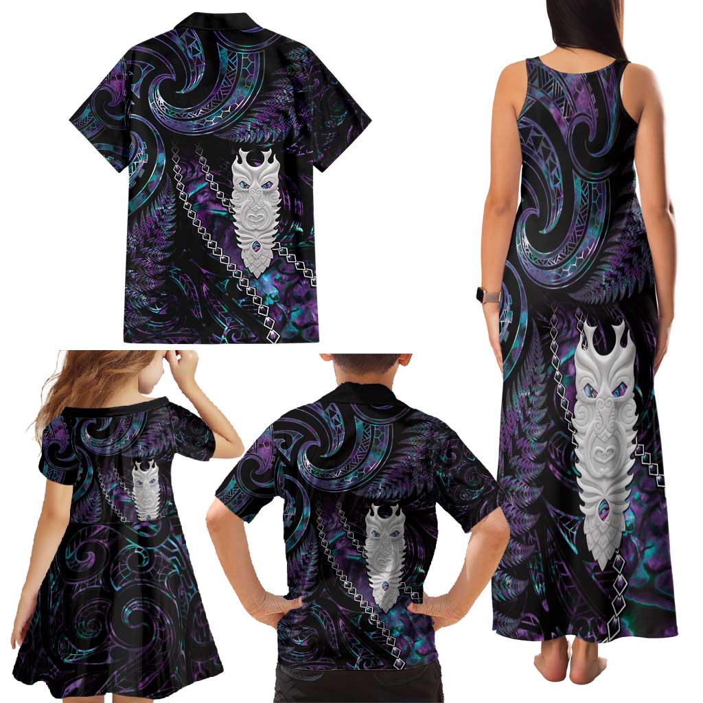 New Zealand Aotearoa Family Matching Tank Maxi Dress and Hawaiian Shirt Maori Tane Te Waiora Paua Shell Glitter Purple LT05 - Polynesian Pride