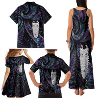 New Zealand Aotearoa Family Matching Tank Maxi Dress and Hawaiian Shirt Maori Tane Te Waiora Paua Shell Glitter Purple LT05 - Polynesian Pride