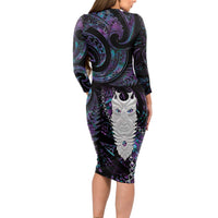 New Zealand Aotearoa Long Sleeve Bodycon Dress Maori Tane Te Waiora Paua Shell Glitter Purple LT05 - Polynesian Pride