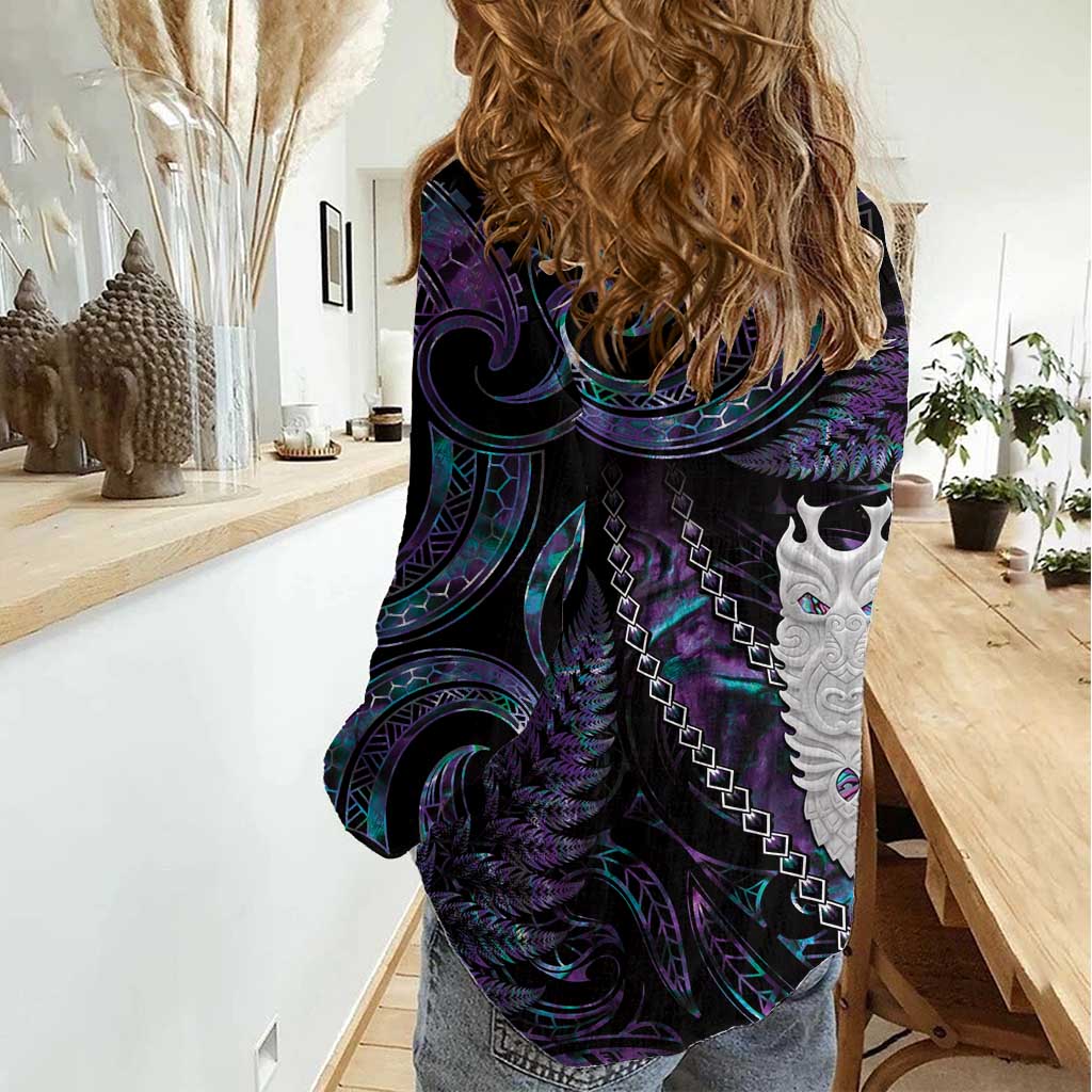 New Zealand Aotearoa Women Casual Shirt Maori Tane Te Waiora Paua Shell Glitter Purple LT05 - Polynesian Pride