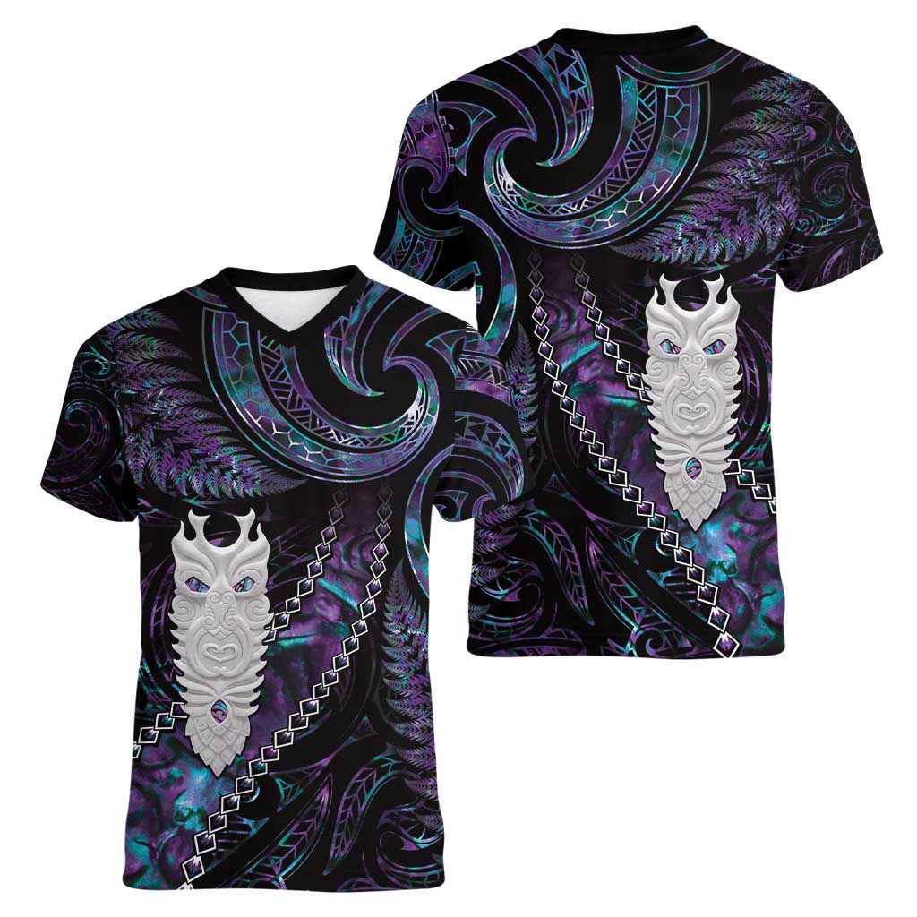 New Zealand Aotearoa Women V-Neck T-Shirt Maori Tane Te Waiora Paua Shell Glitter Purple
