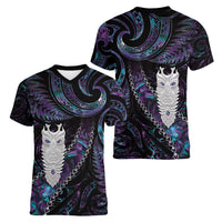 New Zealand Aotearoa Women V-Neck T-Shirt Maori Tane Te Waiora Paua Shell Glitter Purple