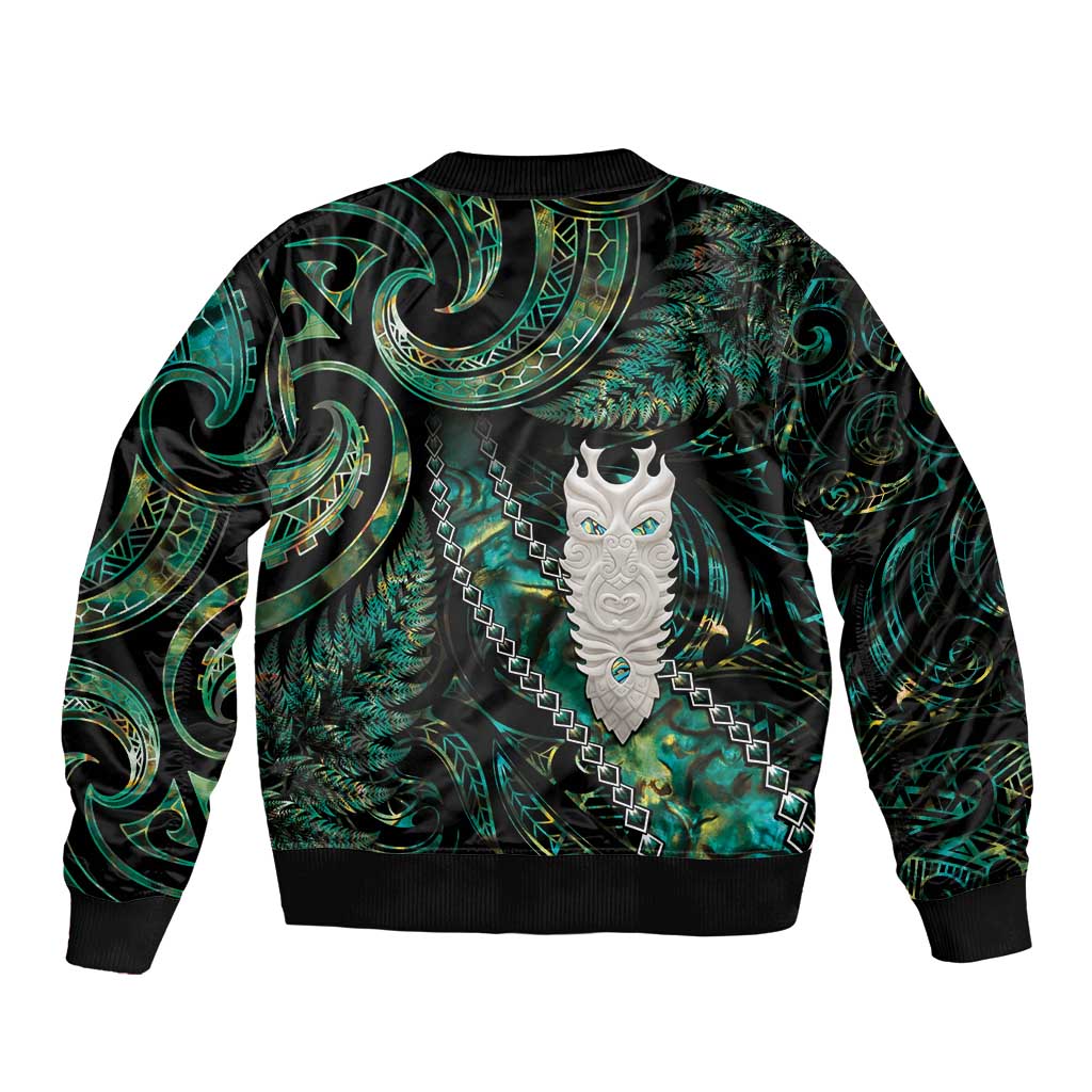 New Zealand Aotearoa Bomber Jacket Maori Tane Te Waiora Paua Shell Glitter Green