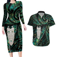 New Zealand Aotearoa Couples Matching Long Sleeve Bodycon Dress and Hawaiian Shirt Maori Tane Te Waiora Paua Shell Glitter Green LT05 Green - Polynesian Pride