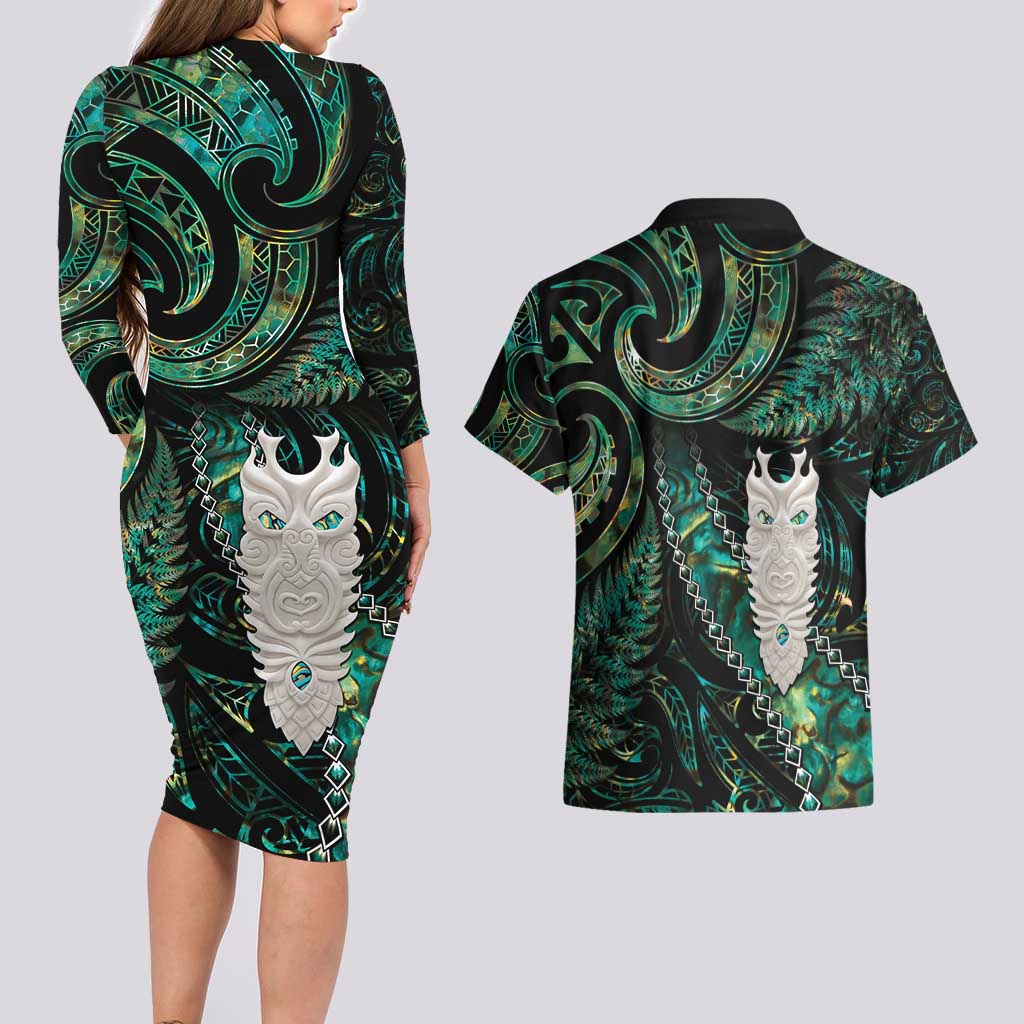 New Zealand Aotearoa Couples Matching Long Sleeve Bodycon Dress and Hawaiian Shirt Maori Tane Te Waiora Paua Shell Glitter Green LT05 - Polynesian Pride