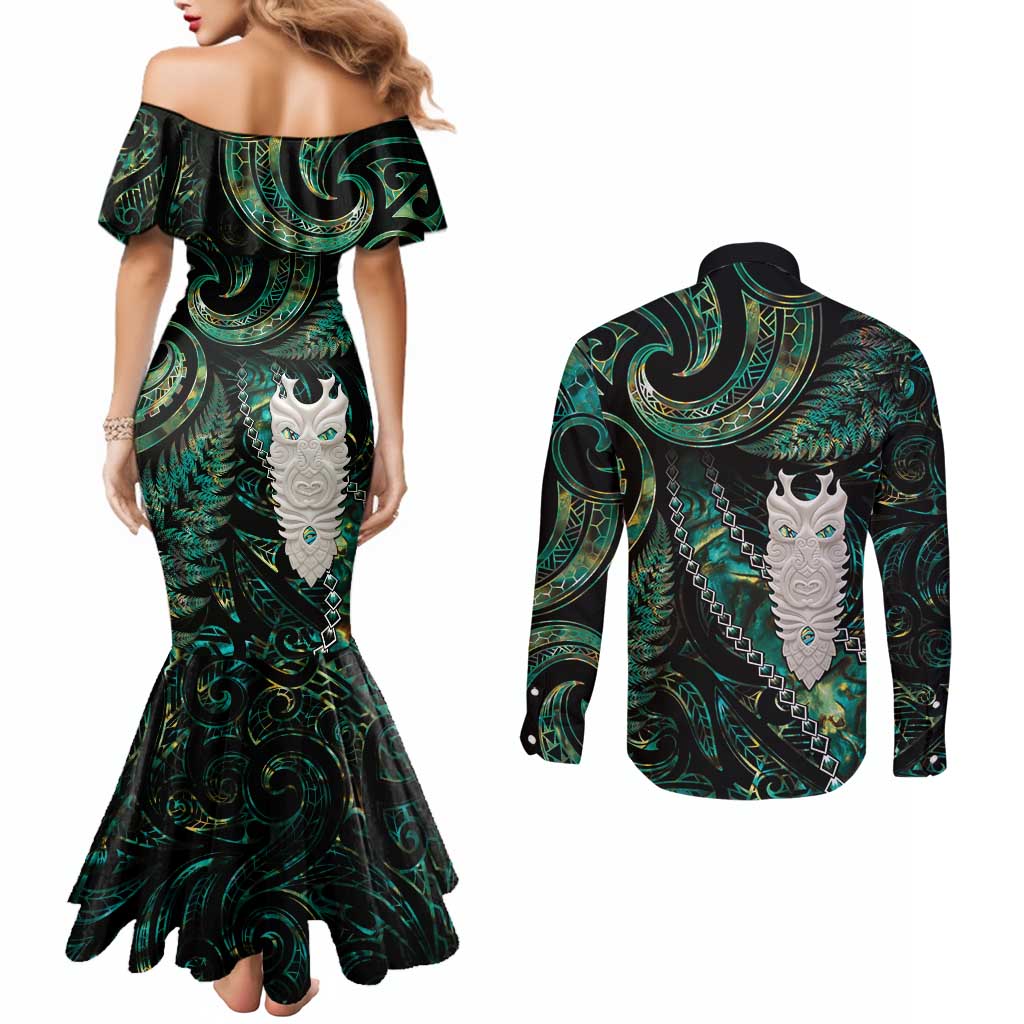 New Zealand Aotearoa Couples Matching Mermaid Dress and Long Sleeve Button Shirt Maori Tane Te Waiora Paua Shell Glitter Green LT05 - Polynesian Pride