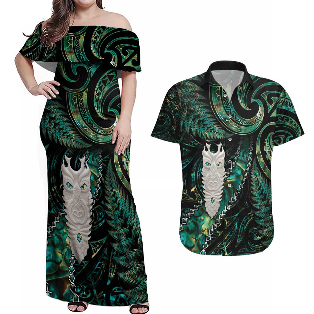 New Zealand Aotearoa Couples Matching Off Shoulder Maxi Dress and Hawaiian Shirt Maori Tane Te Waiora Paua Shell Glitter Green LT05 Green - Polynesian Pride