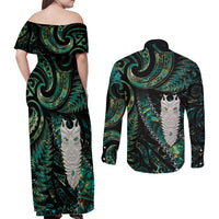 New Zealand Aotearoa Couples Matching Off Shoulder Maxi Dress and Long Sleeve Button Shirt Maori Tane Te Waiora Paua Shell Glitter Green LT05 - Polynesian Pride