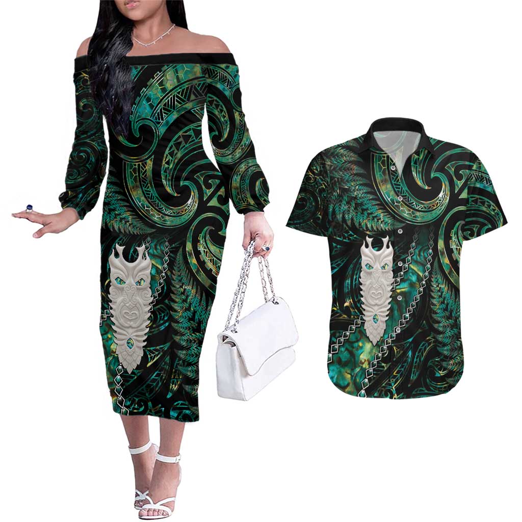 New Zealand Aotearoa Couples Matching Off The Shoulder Long Sleeve Dress and Hawaiian Shirt Maori Tane Te Waiora Paua Shell Glitter Green LT05 Green - Polynesian Pride