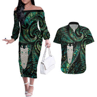 New Zealand Aotearoa Couples Matching Off The Shoulder Long Sleeve Dress and Hawaiian Shirt Maori Tane Te Waiora Paua Shell Glitter Green LT05 Green - Polynesian Pride