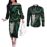 New Zealand Aotearoa Couples Matching Off The Shoulder Long Sleeve Dress and Long Sleeve Button Shirt Maori Tane Te Waiora Paua Shell Glitter Green LT05 Green - Polynesian Pride