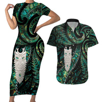 New Zealand Aotearoa Couples Matching Short Sleeve Bodycon Dress and Hawaiian Shirt Maori Tane Te Waiora Paua Shell Glitter Green LT05 Green - Polynesian Pride