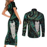 New Zealand Aotearoa Couples Matching Short Sleeve Bodycon Dress and Long Sleeve Button Shirt Maori Tane Te Waiora Paua Shell Glitter Green LT05 - Polynesian Pride