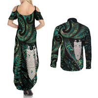 New Zealand Aotearoa Couples Matching Summer Maxi Dress and Long Sleeve Button Shirt Maori Tane Te Waiora Paua Shell Glitter Green LT05 - Polynesian Pride