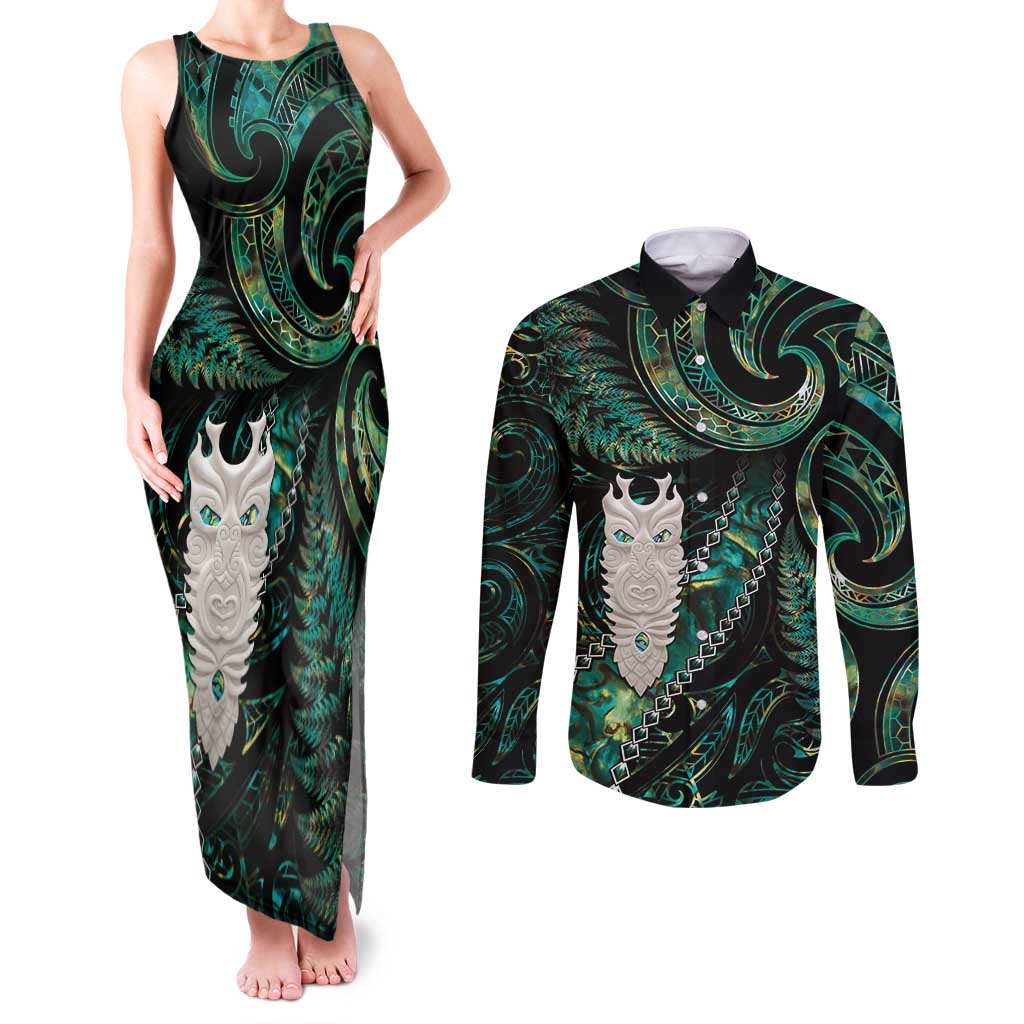 New Zealand Aotearoa Couples Matching Tank Maxi Dress and Long Sleeve Button Shirt Maori Tane Te Waiora Paua Shell Glitter Green LT05 Green - Polynesian Pride