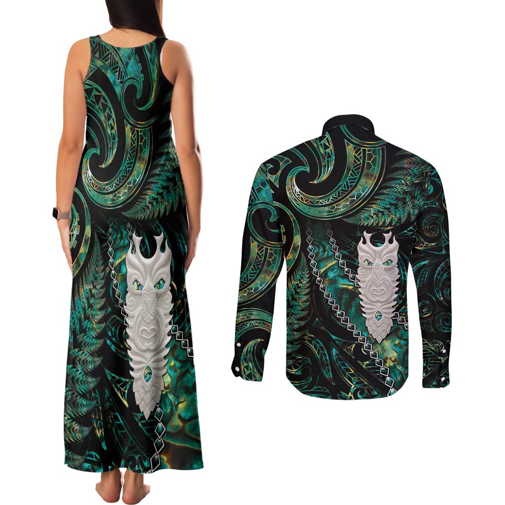 New Zealand Aotearoa Couples Matching Tank Maxi Dress and Long Sleeve Button Shirt Maori Tane Te Waiora Paua Shell Glitter Green LT05 - Polynesian Pride