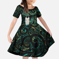 New Zealand Aotearoa Family Matching Long Sleeve Bodycon Dress and Hawaiian Shirt Maori Tane Te Waiora Paua Shell Glitter Green LT05 Daughter's Dress Green - Polynesian Pride