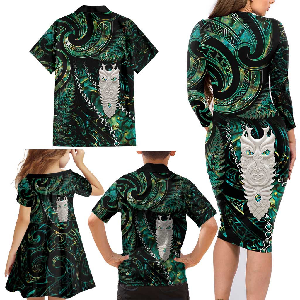 New Zealand Aotearoa Family Matching Long Sleeve Bodycon Dress and Hawaiian Shirt Maori Tane Te Waiora Paua Shell Glitter Green LT05 - Polynesian Pride