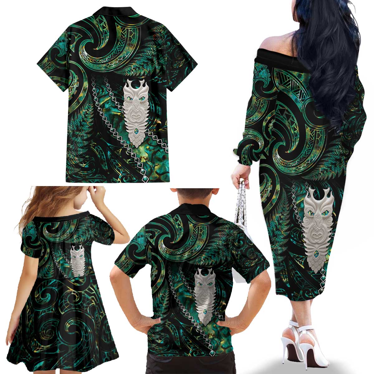 New Zealand Aotearoa Family Matching Off The Shoulder Long Sleeve Dress and Hawaiian Shirt Maori Tane Te Waiora Paua Shell Glitter Green LT05 - Polynesian Pride