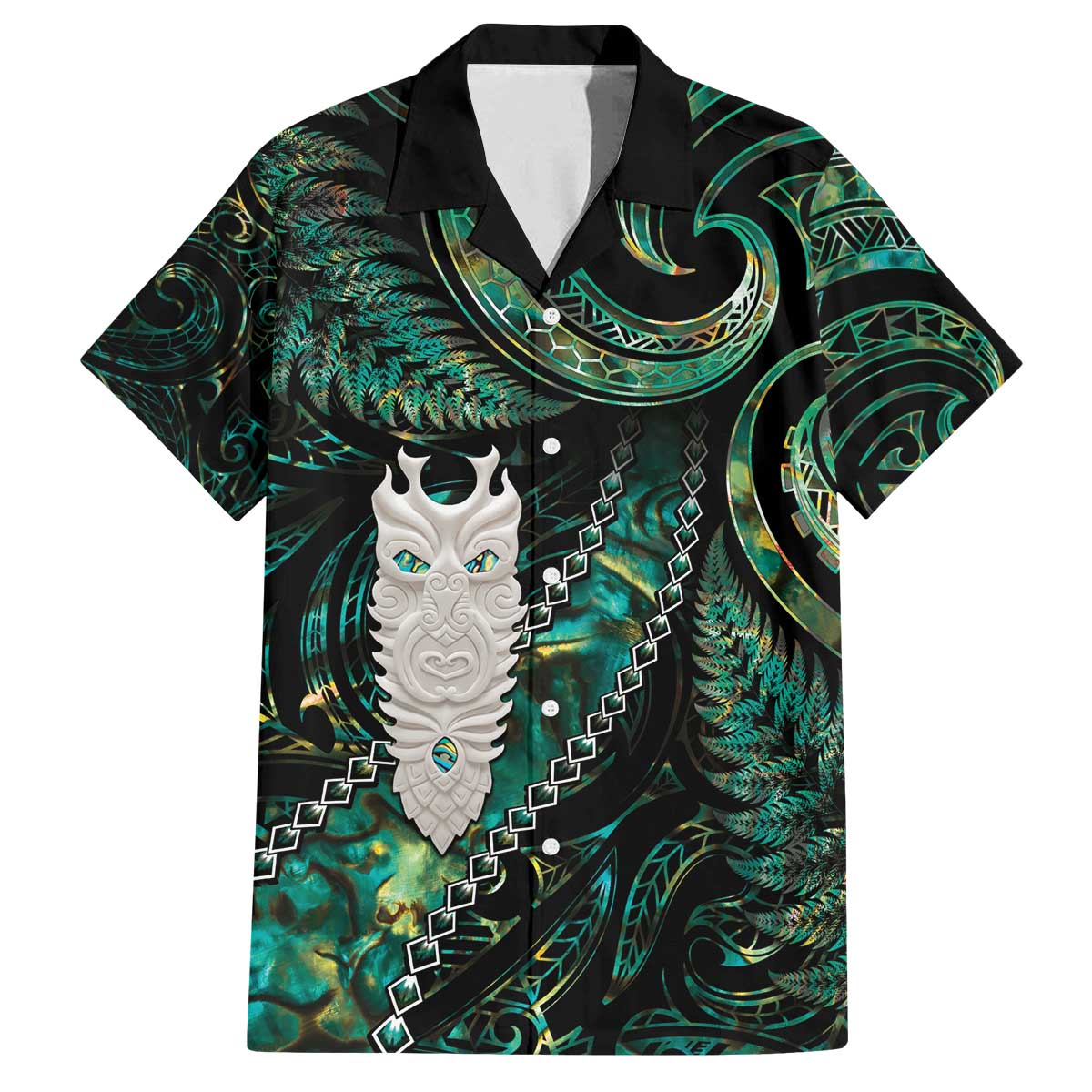 New Zealand Aotearoa Family Matching Off The Shoulder Long Sleeve Dress and Hawaiian Shirt Maori Tane Te Waiora Paua Shell Glitter Green LT05 Dad's Shirt - Short Sleeve Green - Polynesian Pride