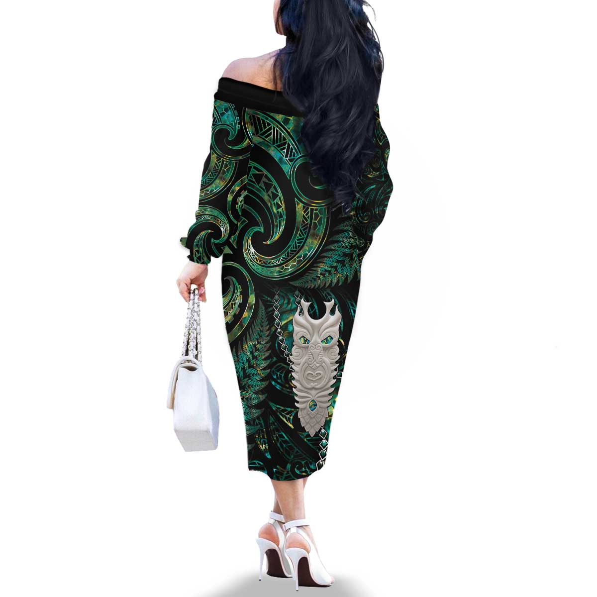 New Zealand Aotearoa Family Matching Off The Shoulder Long Sleeve Dress and Hawaiian Shirt Maori Tane Te Waiora Paua Shell Glitter Green LT05 - Polynesian Pride