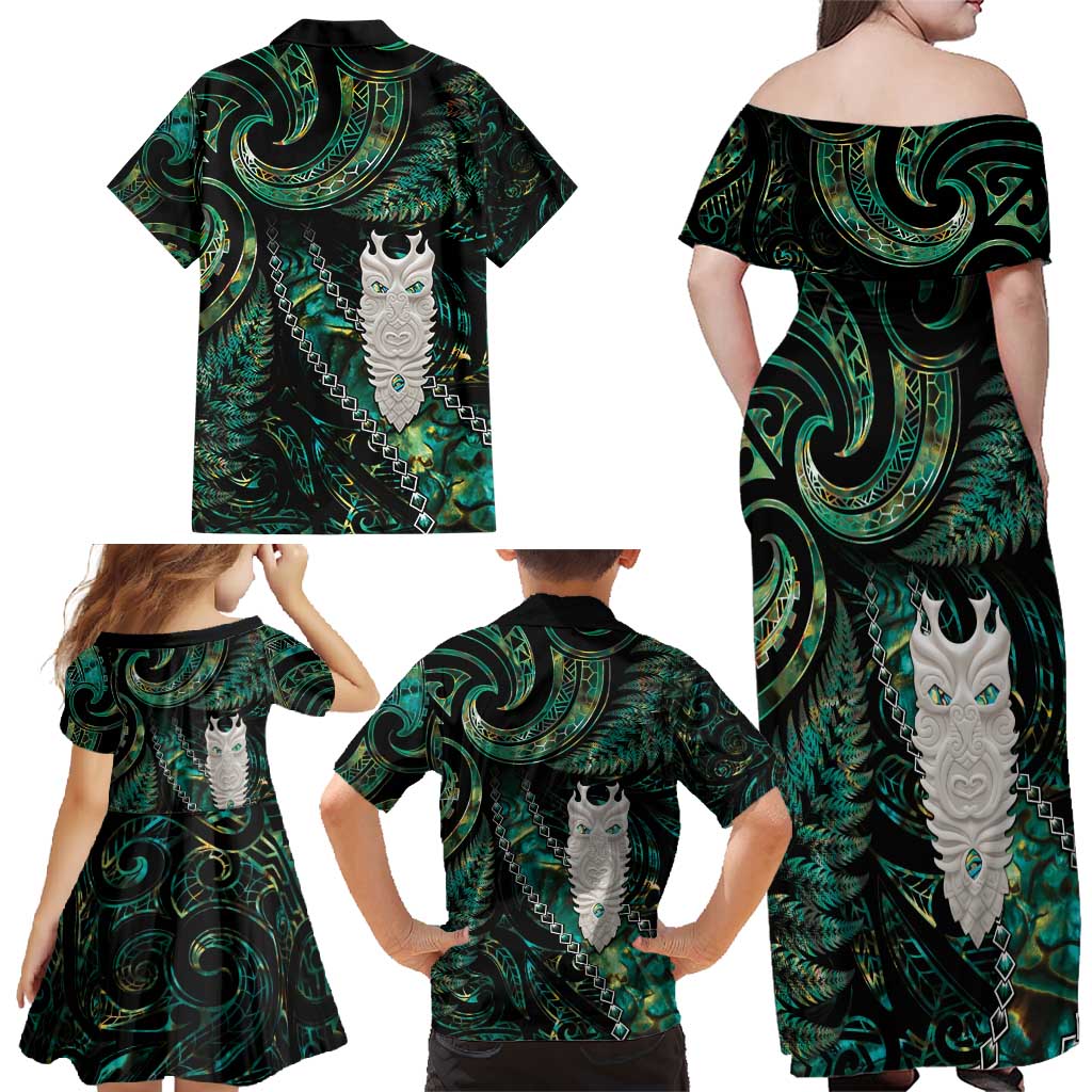 New Zealand Aotearoa Family Matching Off Shoulder Maxi Dress and Hawaiian Shirt Maori Tane Te Waiora Paua Shell Glitter Green LT05 - Polynesian Pride