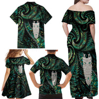 New Zealand Aotearoa Family Matching Off Shoulder Maxi Dress and Hawaiian Shirt Maori Tane Te Waiora Paua Shell Glitter Green LT05 - Polynesian Pride