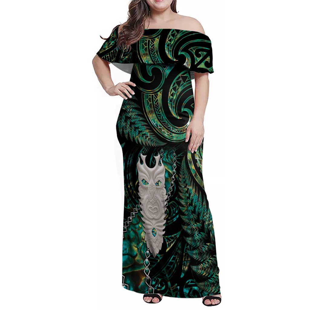 New Zealand Aotearoa Family Matching Off Shoulder Maxi Dress and Hawaiian Shirt Maori Tane Te Waiora Paua Shell Glitter Green LT05 Mom's Dress Green - Polynesian Pride