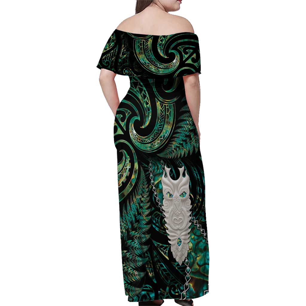 New Zealand Aotearoa Family Matching Off Shoulder Maxi Dress and Hawaiian Shirt Maori Tane Te Waiora Paua Shell Glitter Green LT05 - Polynesian Pride