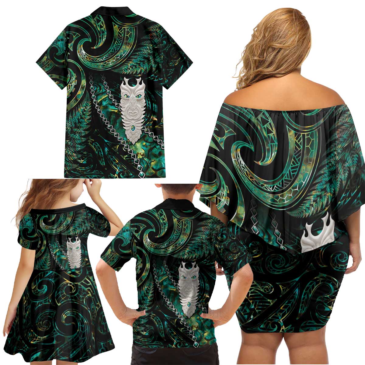 New Zealand Aotearoa Family Matching Off Shoulder Short Dress and Hawaiian Shirt Maori Tane Te Waiora Paua Shell Glitter Green LT05 - Polynesian Pride