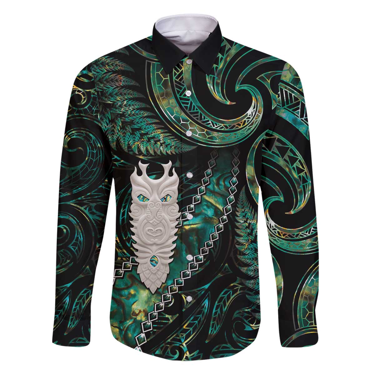 New Zealand Aotearoa Family Matching Puletasi and Hawaiian Shirt Maori Tane Te Waiora Paua Shell Glitter Green LT05 Dad's Shirt - Long Sleeve Green - Polynesian Pride