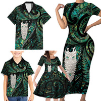 New Zealand Aotearoa Family Matching Short Sleeve Bodycon Dress and Hawaiian Shirt Maori Tane Te Waiora Paua Shell Glitter Green LT05 - Polynesian Pride