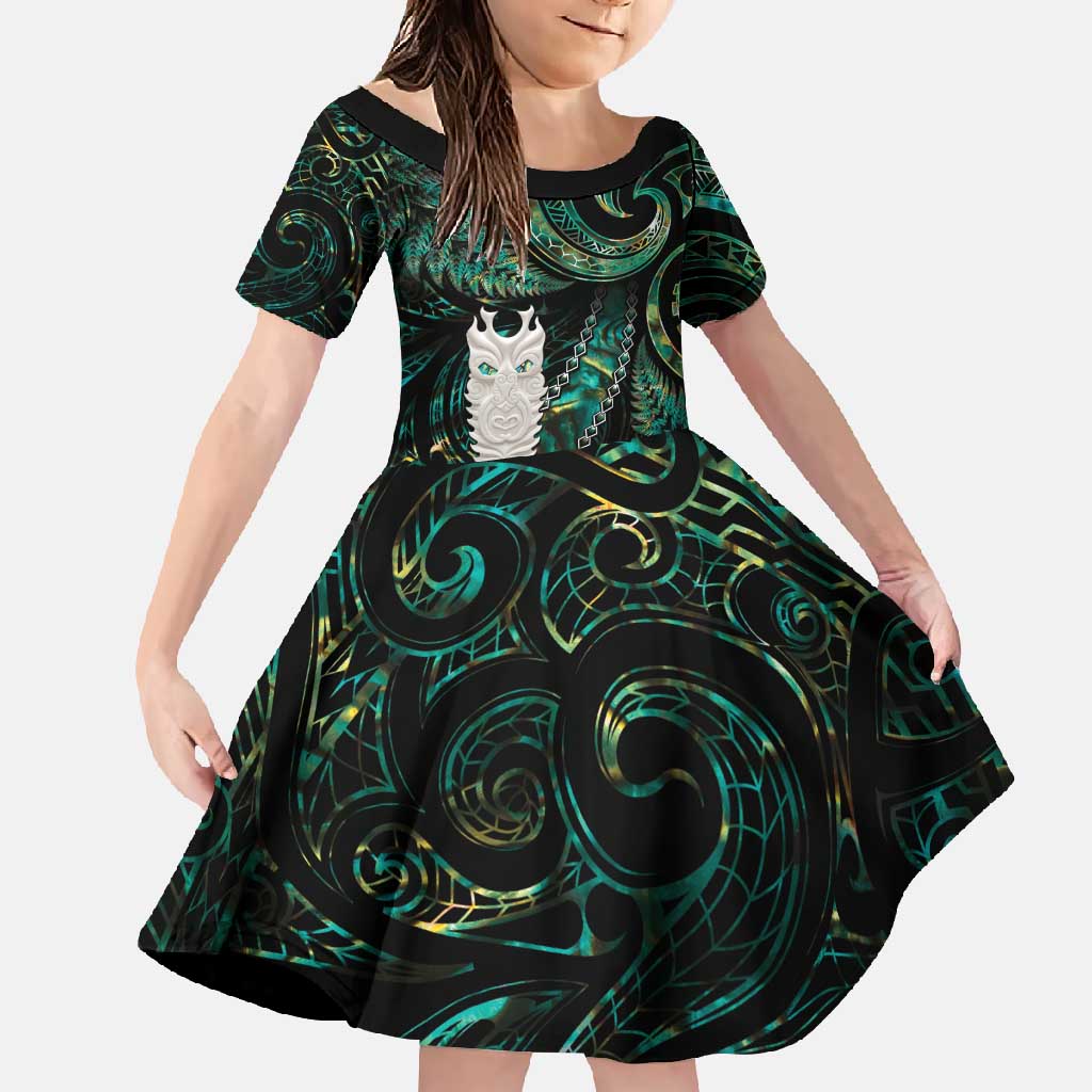 New Zealand Aotearoa Family Matching Summer Maxi Dress and Hawaiian Shirt Maori Tane Te Waiora Paua Shell Glitter Green LT05 Daughter's Dress Green - Polynesian Pride