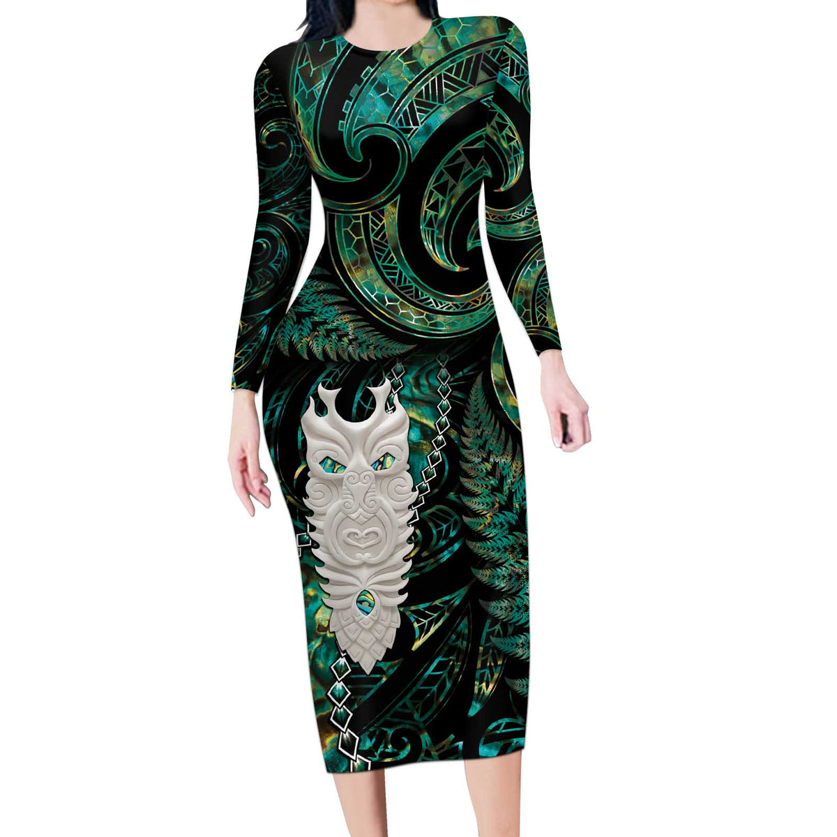 New Zealand Aotearoa Long Sleeve Bodycon Dress Maori Tane Te Waiora Paua Shell Glitter Green LT05 Long Dress Green - Polynesian Pride
