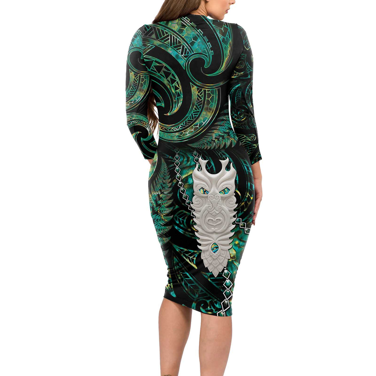 New Zealand Aotearoa Long Sleeve Bodycon Dress Maori Tane Te Waiora Paua Shell Glitter Green LT05 - Polynesian Pride