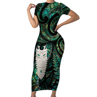 New Zealand Aotearoa Short Sleeve Bodycon Dress Maori Tane Te Waiora Paua Shell Glitter Green LT05 Long Dress Green - Polynesian Pride