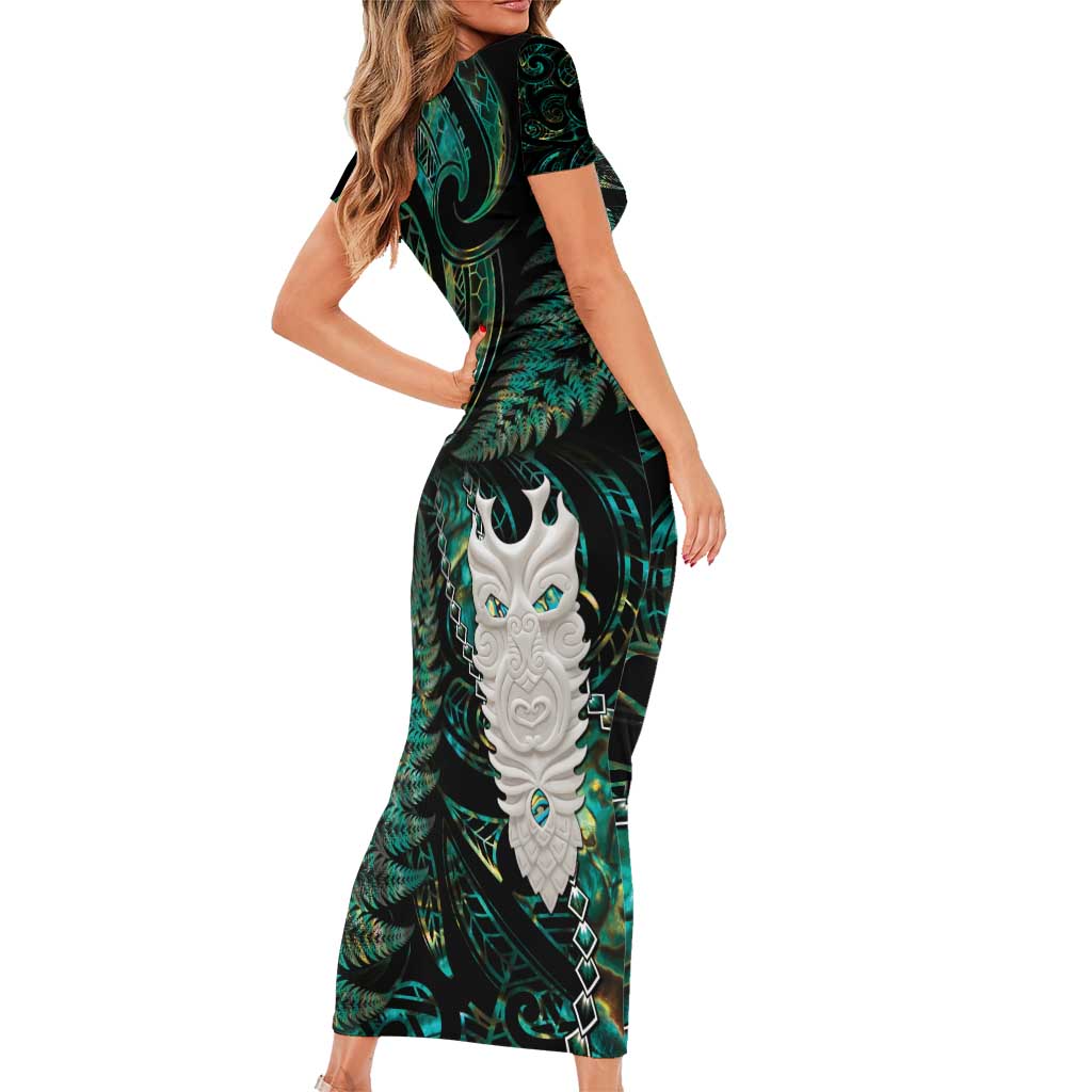 New Zealand Aotearoa Short Sleeve Bodycon Dress Maori Tane Te Waiora Paua Shell Glitter Green LT05 - Polynesian Pride