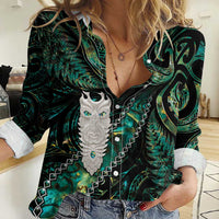 New Zealand Aotearoa Women Casual Shirt Maori Tane Te Waiora Paua Shell Glitter Green LT05 Female Green - Polynesian Pride
